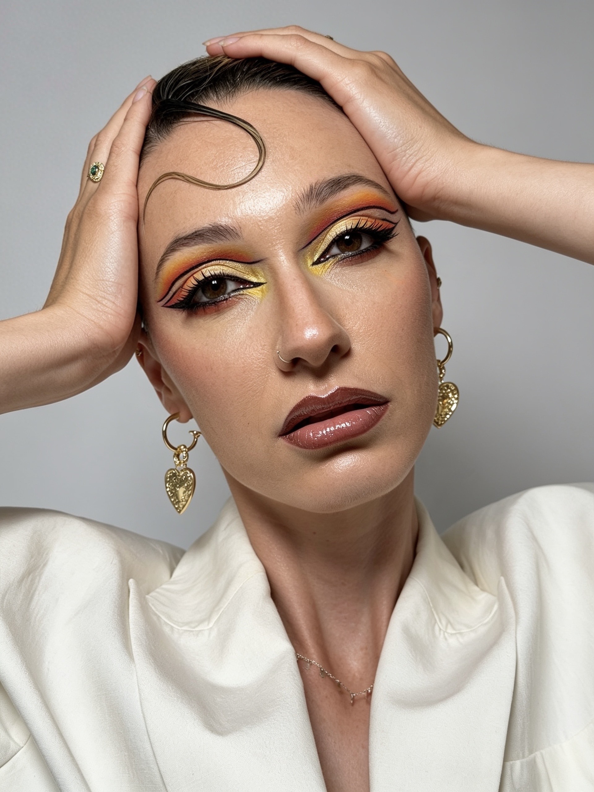 Orange and yellow graphic eyeliner editorial look